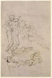 Estudio figurativo para la Adoración de los Magos (José y dos pastores y bocetos para el Niño Jesús), c.1481